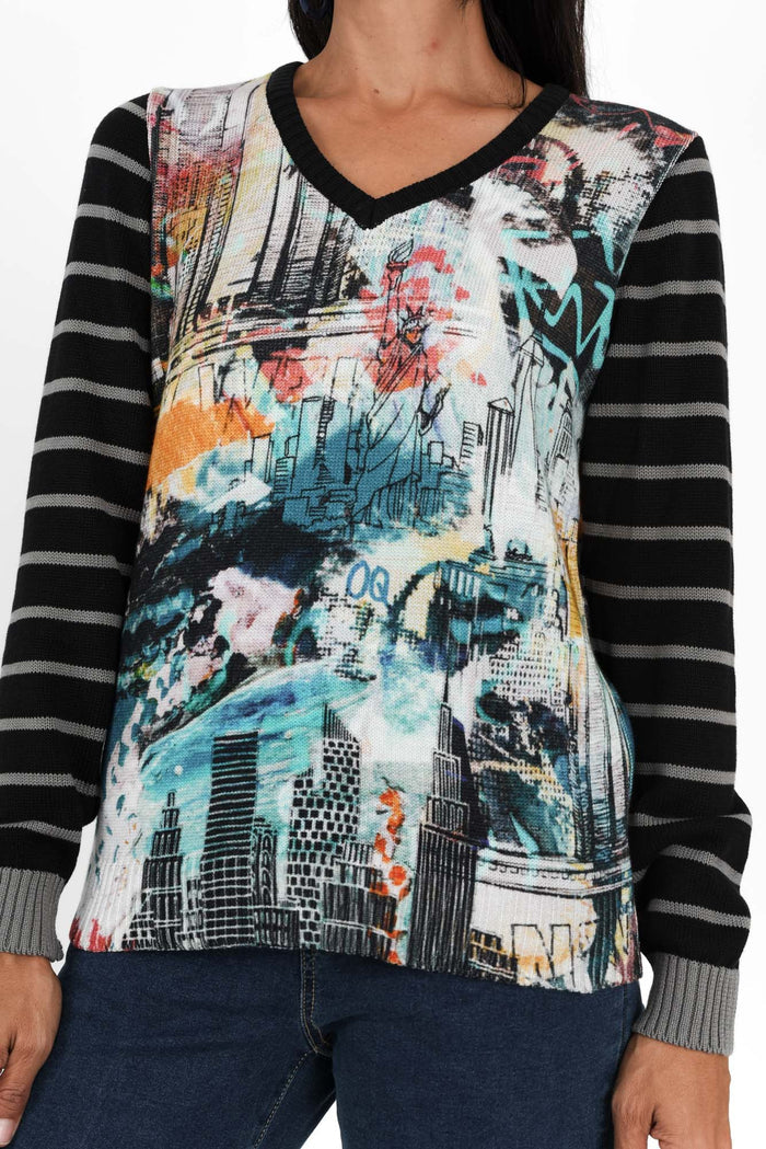 Anka Black Abstract Organic Cotton Jumper,Brunette model,alt text|model:Cara