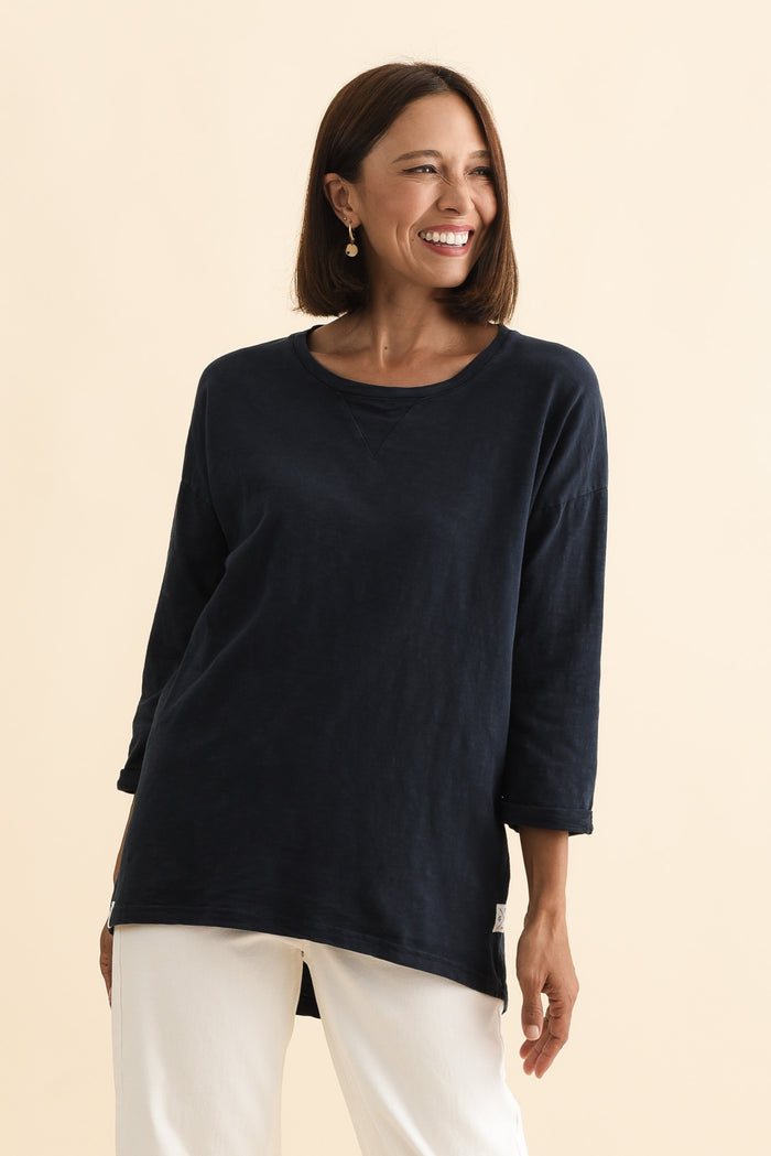 Annie Navy Cotton Top,Brunette model,alt text|model:Cara