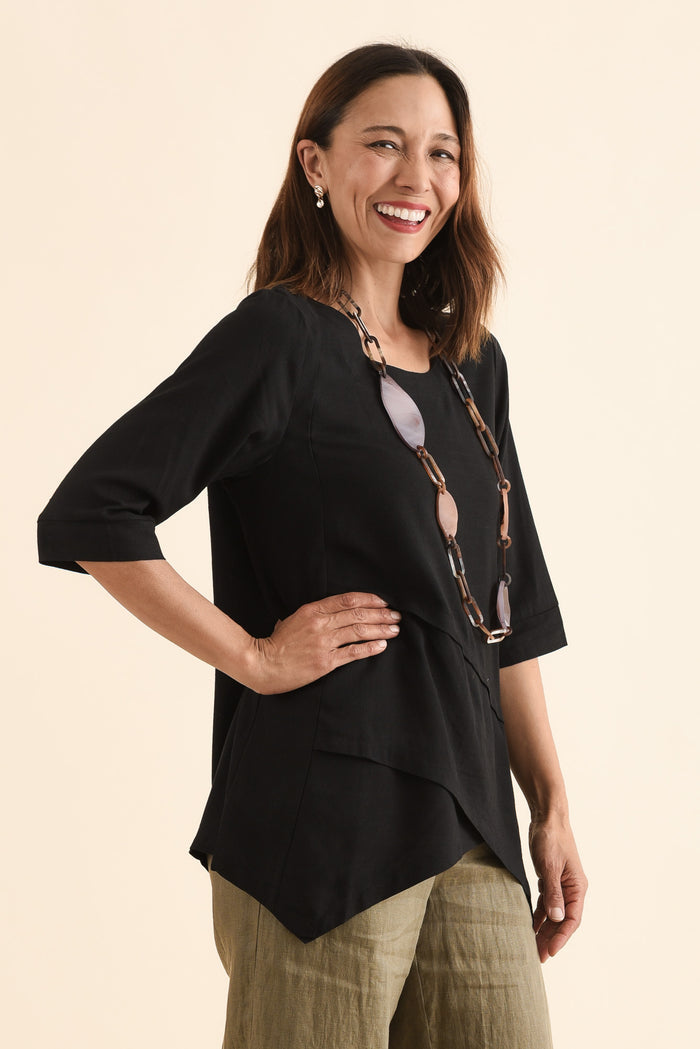 Anya Black Linen Cotton Top,Side,Brunette model,alt text|model:Cara
