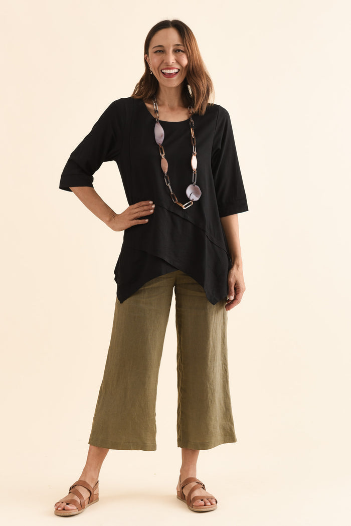 Anya Black Linen Cotton Top,Full Body,Brunette model,alt text|model:Cara