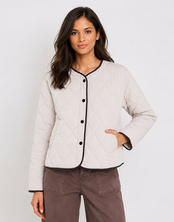 Apex Collarless Quilted Contrast Piping Puffer Jacket - Bone