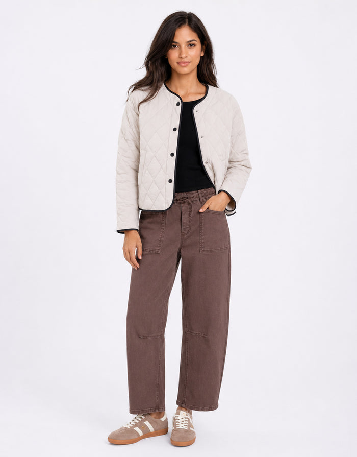 Apex Collarless Quilted Contrast Piping Puffer Jacket - Bone