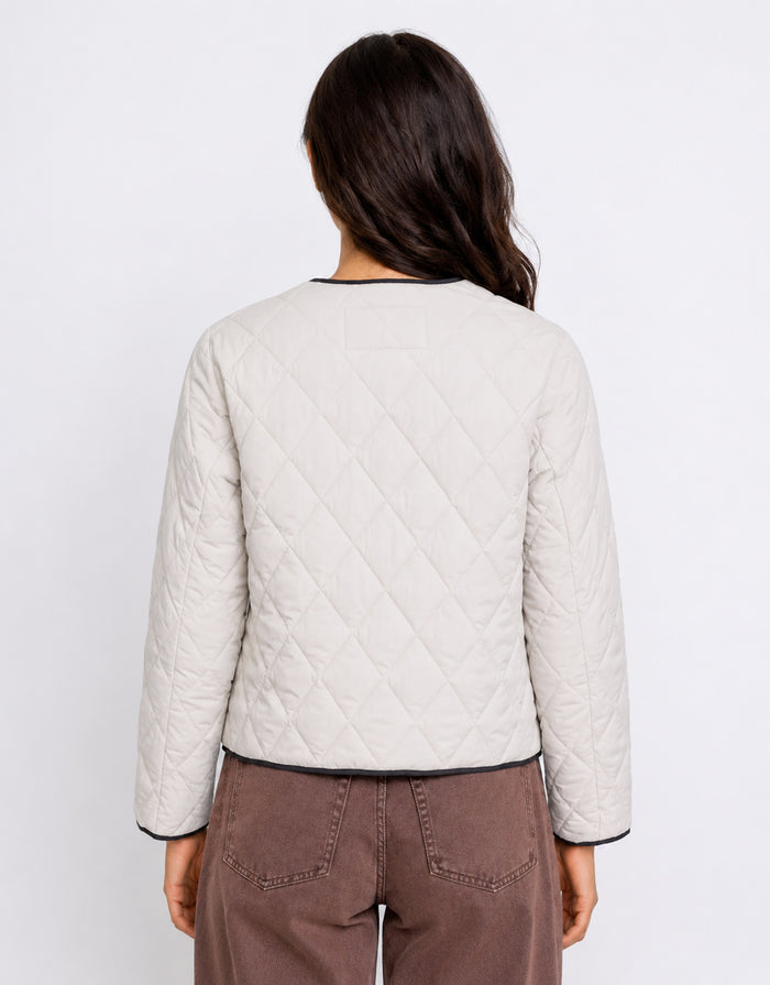 Apex Collarless Quilted Contrast Piping Puffer Jacket - Bone
