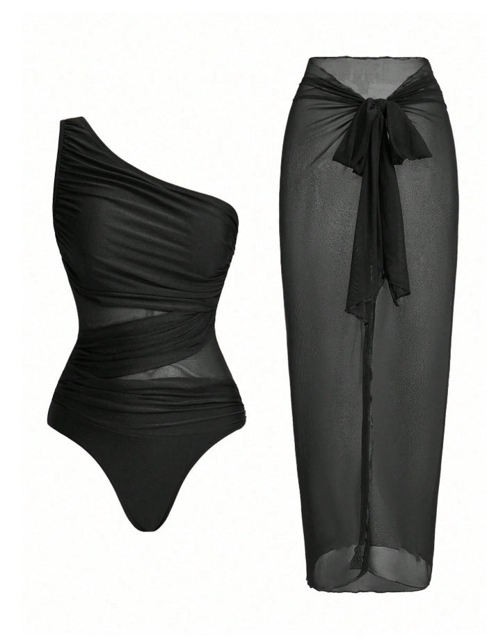 Aqua Twist One Shoulder Swimsuit Set - Black