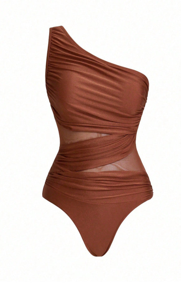 Aqua Twist One Shoulder Swimsuit Set - Brown