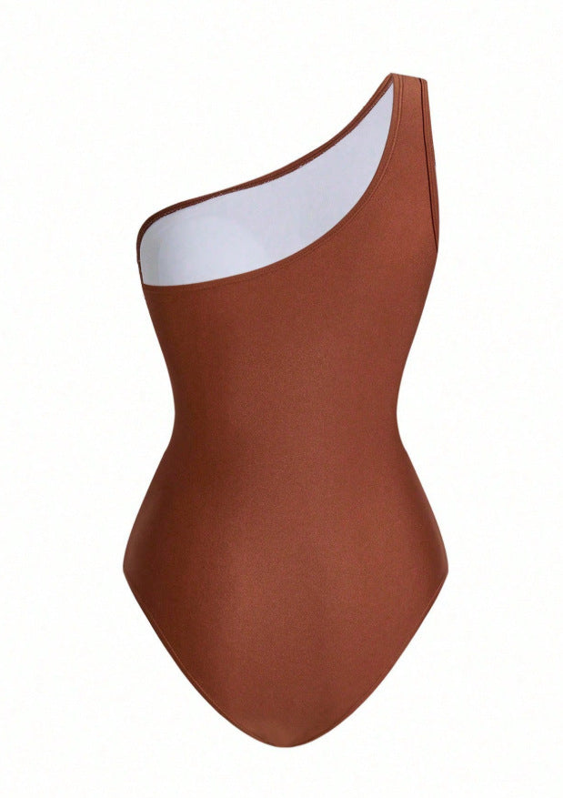 Aqua Twist One Shoulder Swimsuit Set - Brown