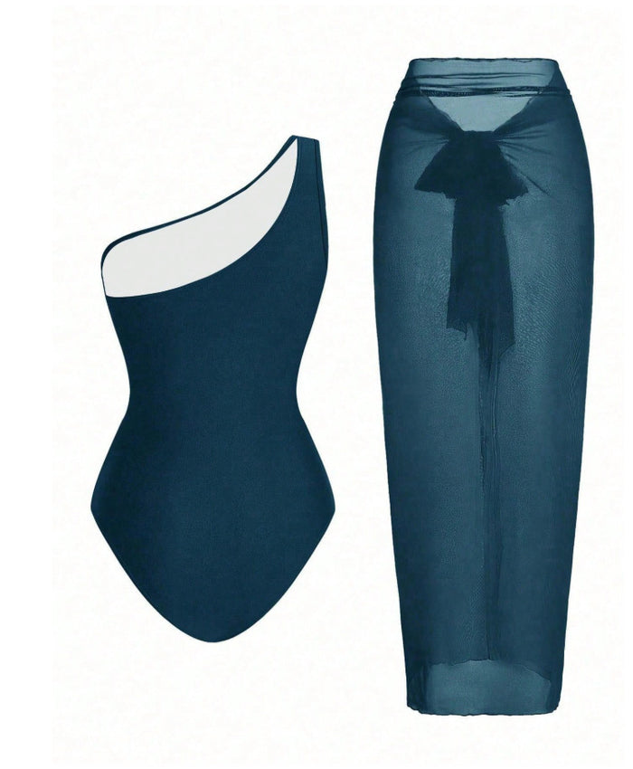 Aqua Twist One Shoulder Swimsuit Set - Deep Green