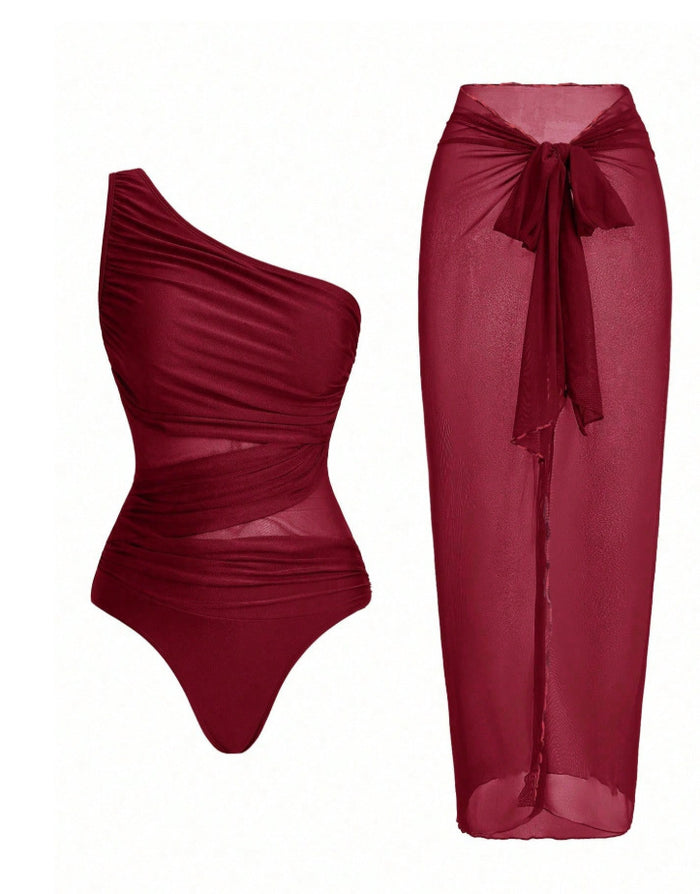 Aqua Twist One Shoulder Swimsuit Set - Maroon