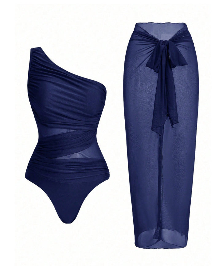 Aqua Twist One Shoulder Swimsuit Set - Navy Blue