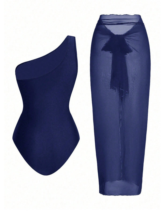 Aqua Twist One Shoulder Swimsuit Set - Navy Blue