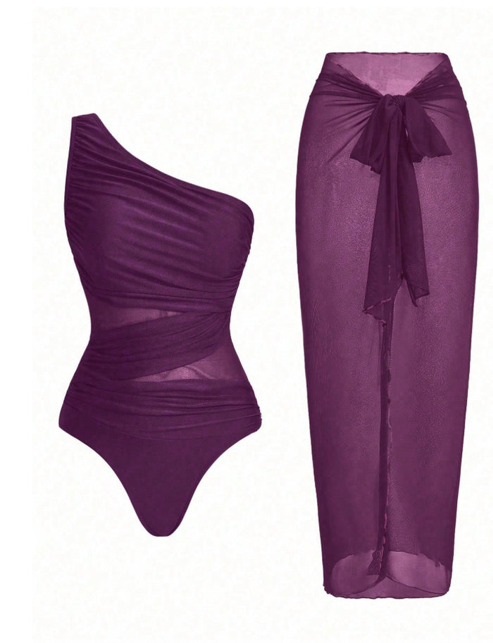 Aqua Twist One Shoulder Swimsuit Set - Purple