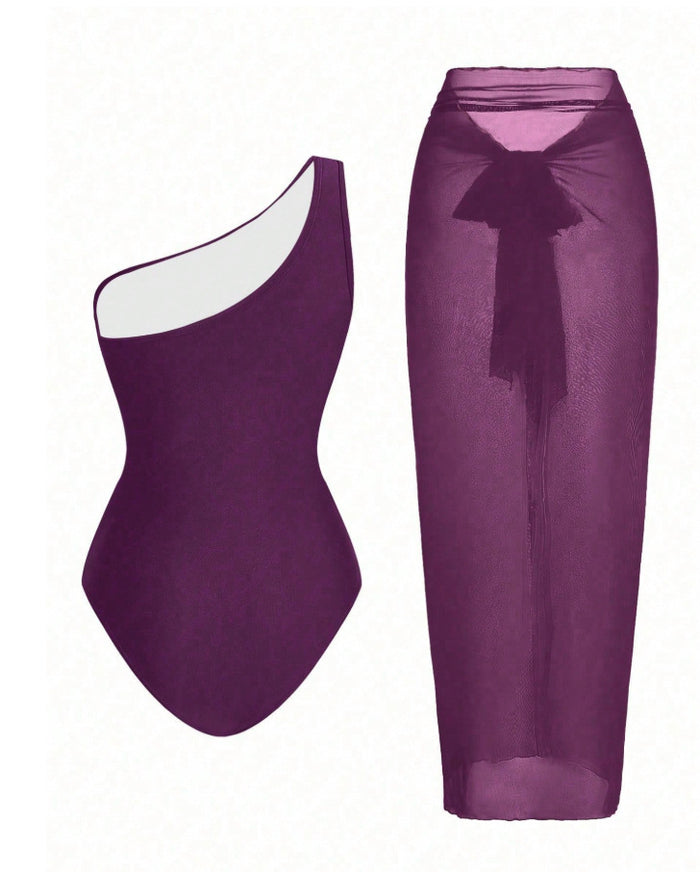 Aqua Twist One Shoulder Swimsuit Set - Purple