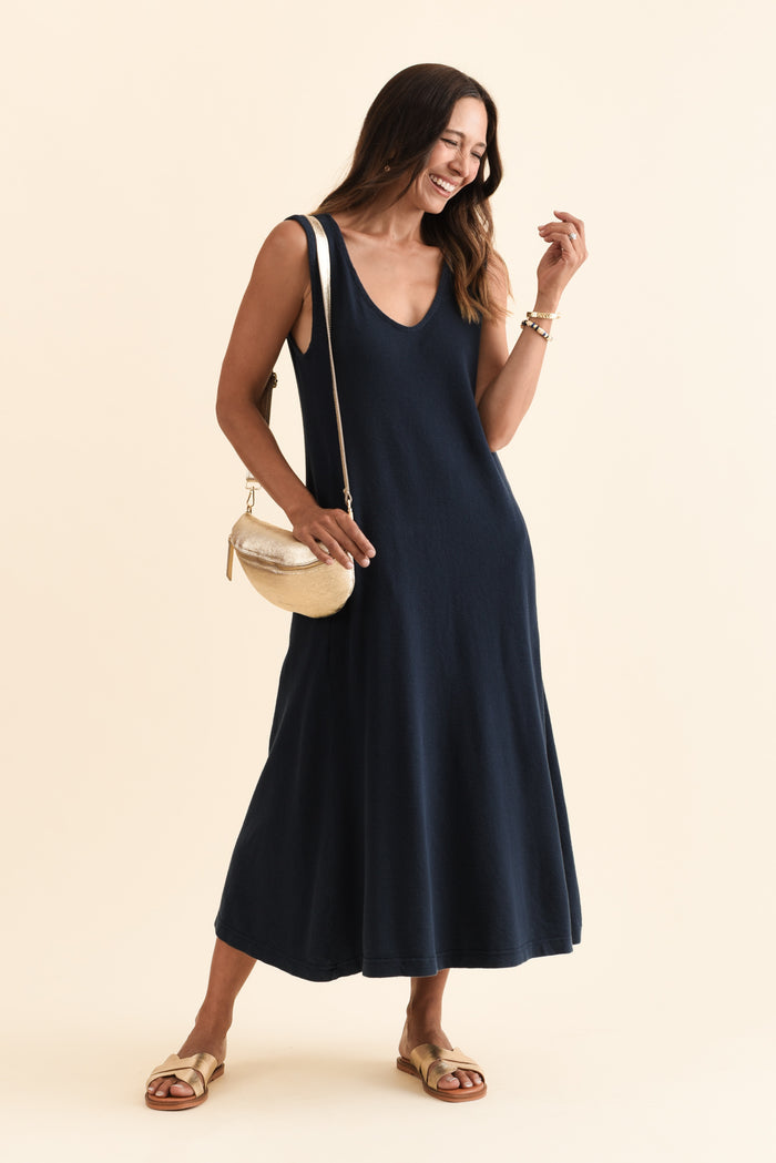 Aspen Navy Pocket Sleeveless Dress,Brunette model,alt text|model:Cara