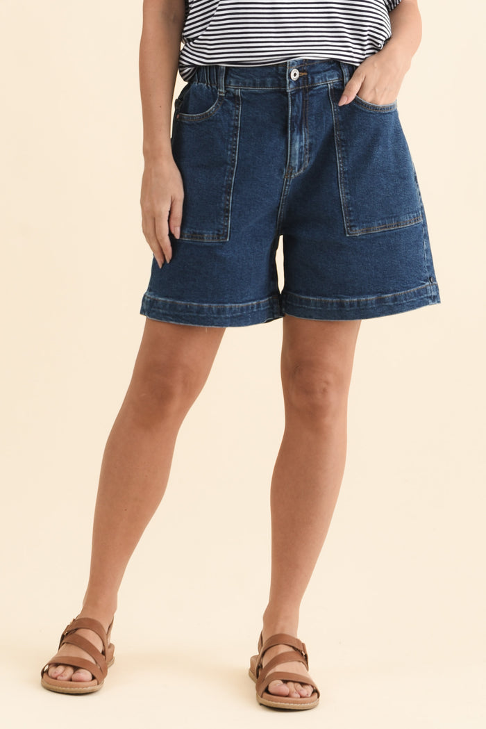 Atlas Dark Blue Denim Stretch Shorts,Brunette model,alt text|model:MJ