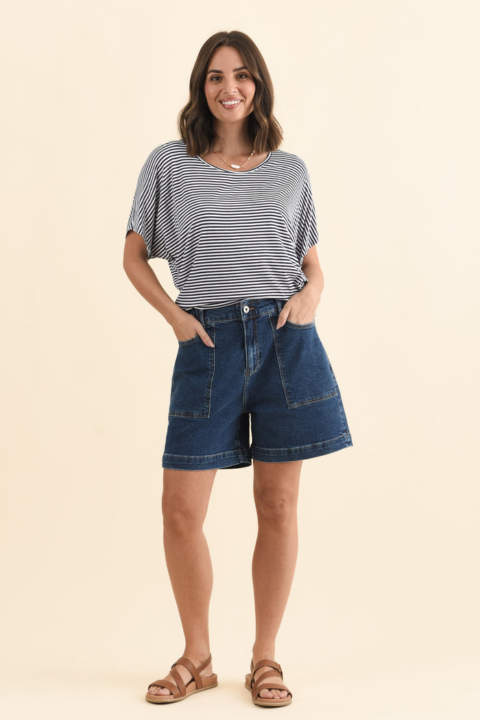 Atlas Dark Blue Denim Stretch Shorts,Brunette model,alt text|model:MJ