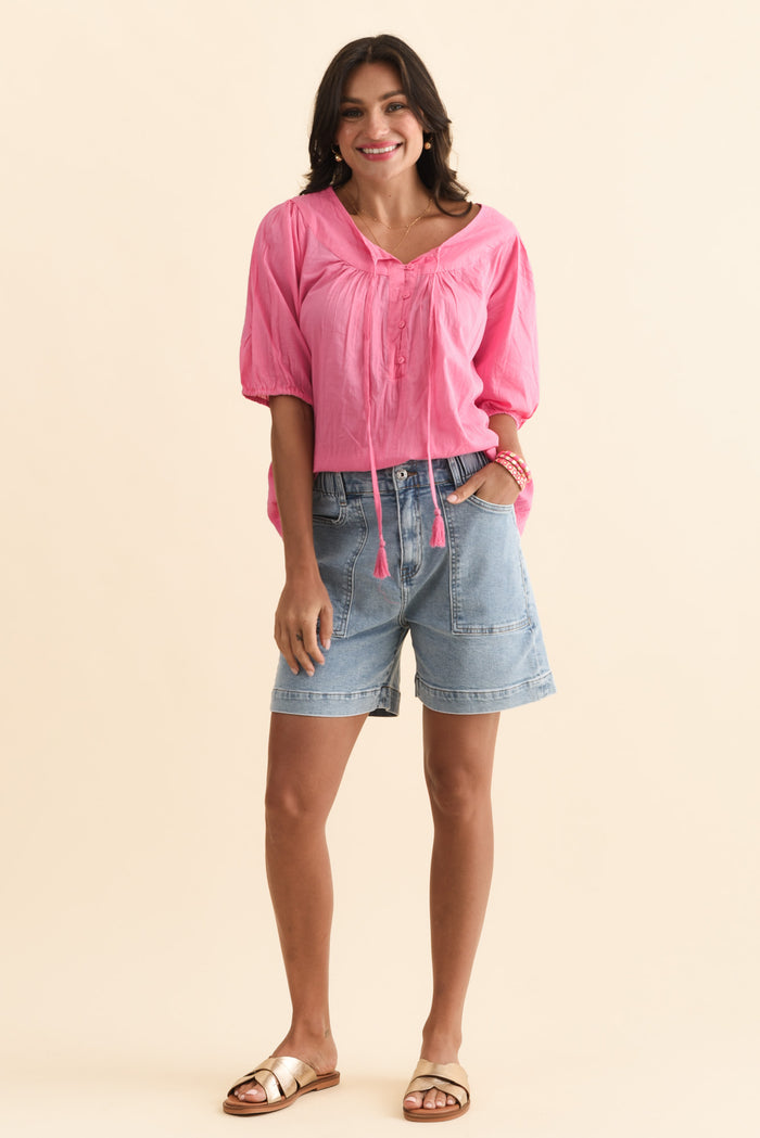 Atlas Light Blue Denim Stretch Shorts,Brunette model,alt text|model:Brontie