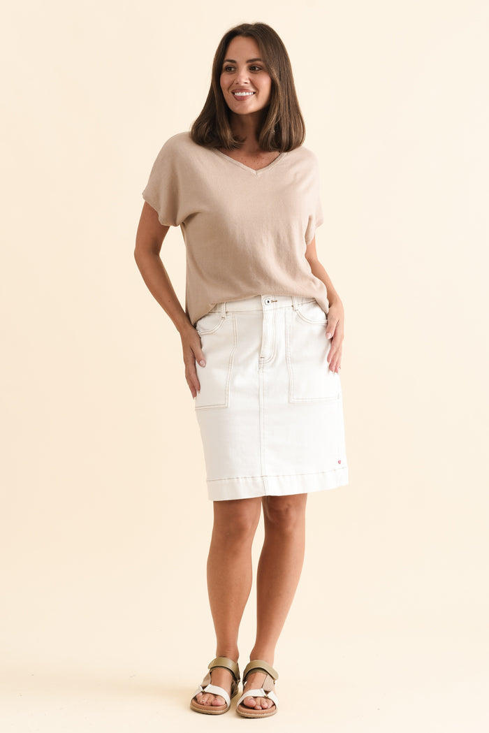 Atlas White Denim Stretch Skirt,Brunette model,alt text|model:MJ