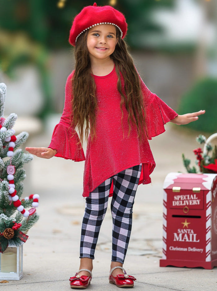 Mia Belle Girls Red Tunic & Checkered Leggings | Tunic & Legging Set