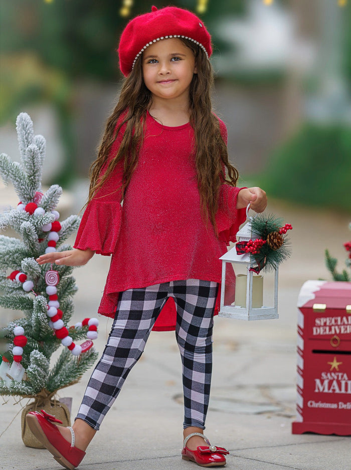 Mia Belle Girls Red Tunic & Checkered Leggings | Tunic & Legging Set