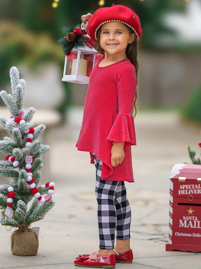 Mia Belle Girls Red Tunic & Checkered Leggings | Tunic & Legging Set
