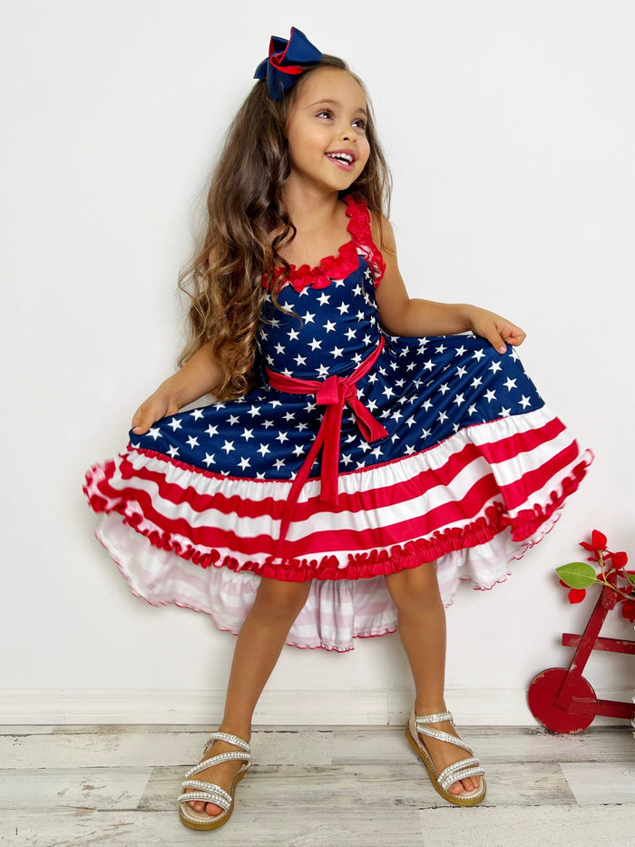 Girls American Flag Hi-Lo Ruffle Dress | 4th Of July Dresses