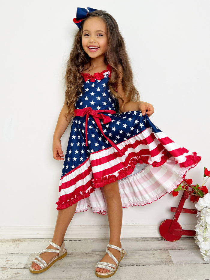 Girls American Flag Hi-Lo Ruffle Dress | 4th Of July Dresses