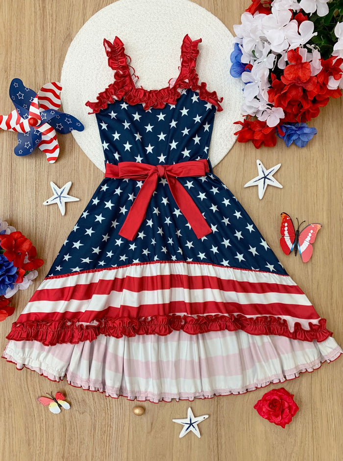 Girls American Flag Hi-Lo Ruffle Dress | 4th Of July Dresses