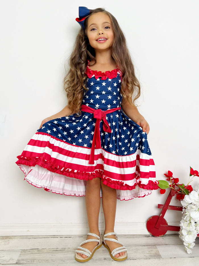 Girls American Flag Hi-Lo Ruffle Dress | 4th Of July Dresses