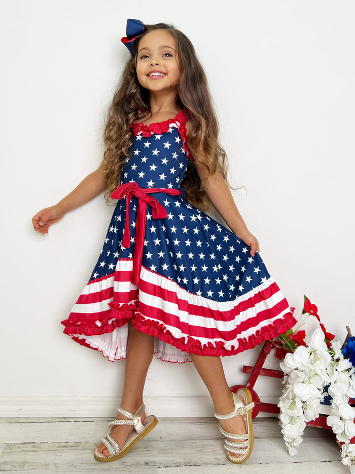 Girls American Flag Hi-Lo Ruffle Dress | 4th Of July Dresses