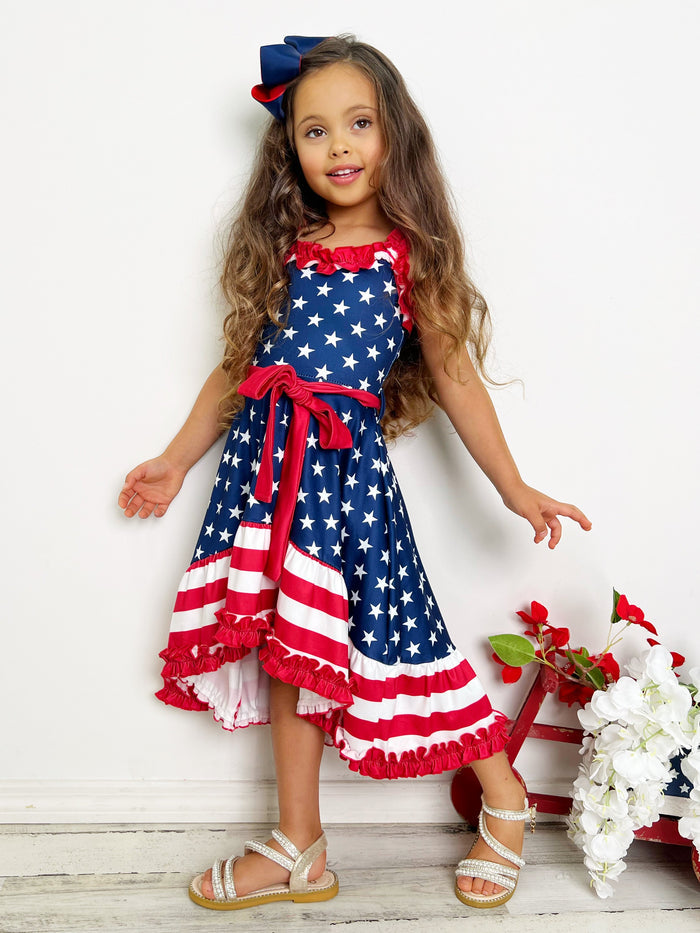 Girls American Flag Hi-Lo Ruffle Dress | 4th Of July Dresses