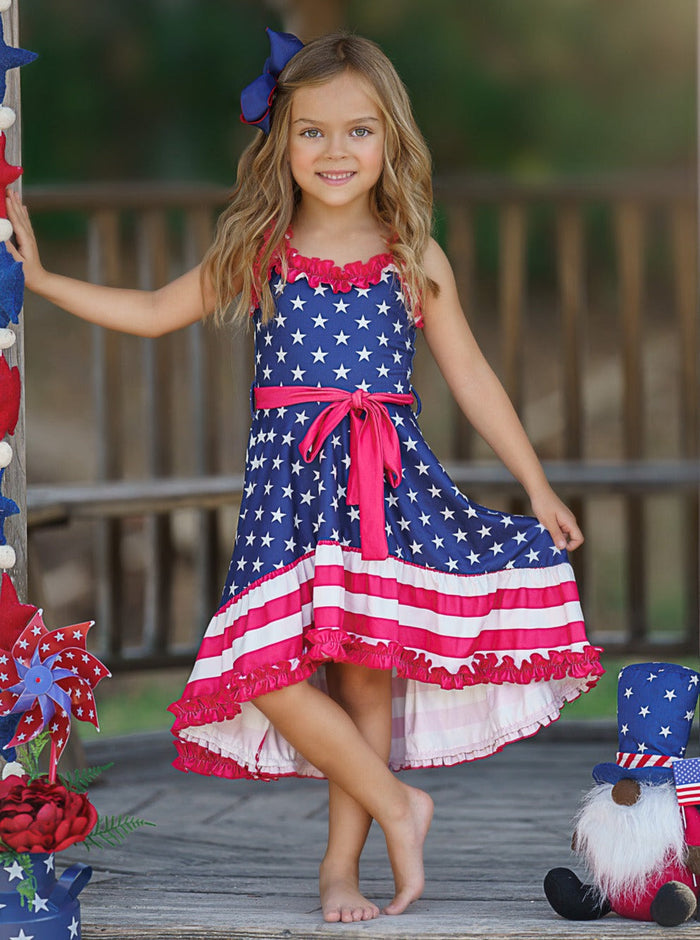 Girls American Flag Hi-Lo Ruffle Dress | 4th Of July Dresses