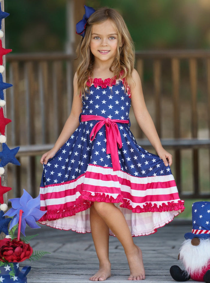 Girls American Flag Hi-Lo Ruffle Dress | 4th Of July Dresses