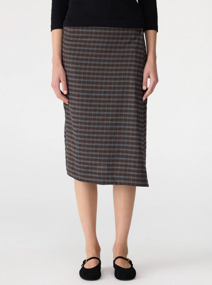 Bassike Check Asymmetric Wrap Skirt - Dark Brown/Pale Blue Check