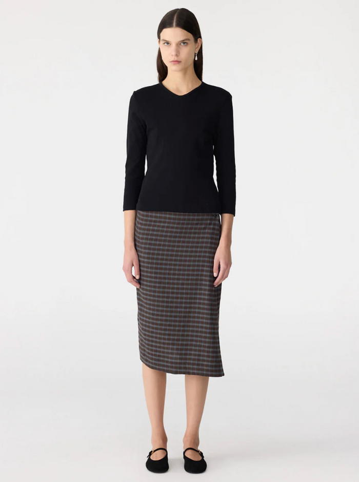 Bassike Check Asymmetric Wrap Skirt - Dark Brown/Pale Blue Check