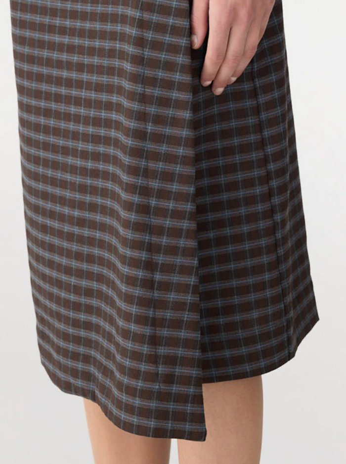 Bassike Check Asymmetric Wrap Skirt - Dark Brown/Pale Blue Check