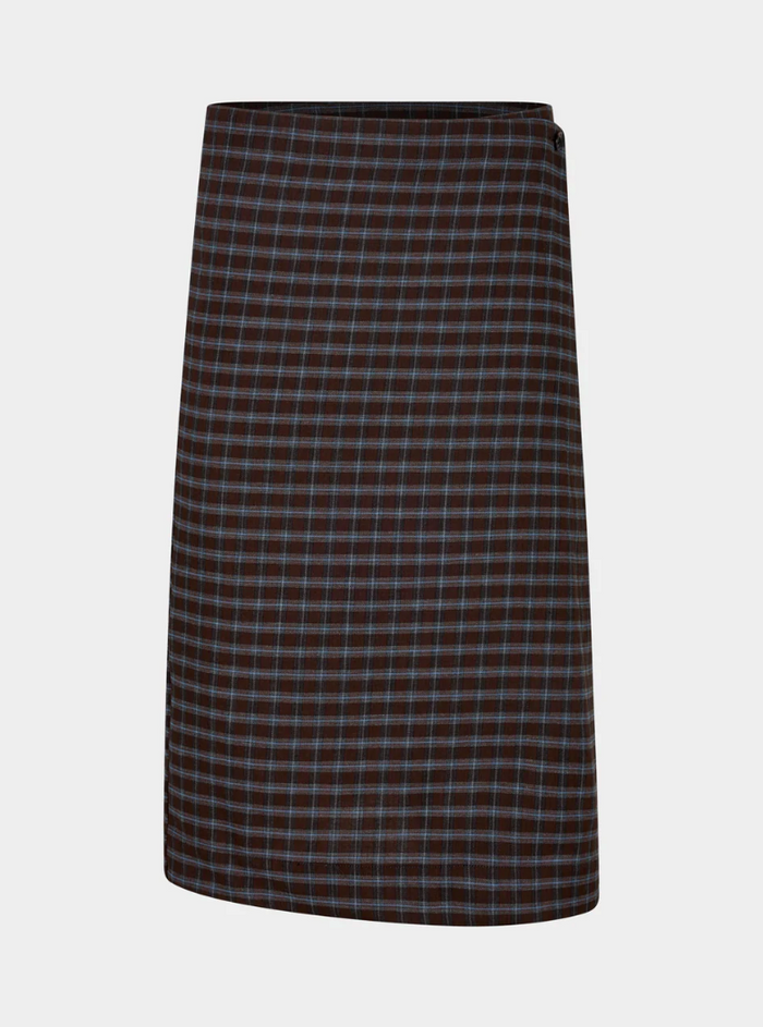 Bassike Check Asymmetric Wrap Skirt - Dark Brown/Pale Blue Check