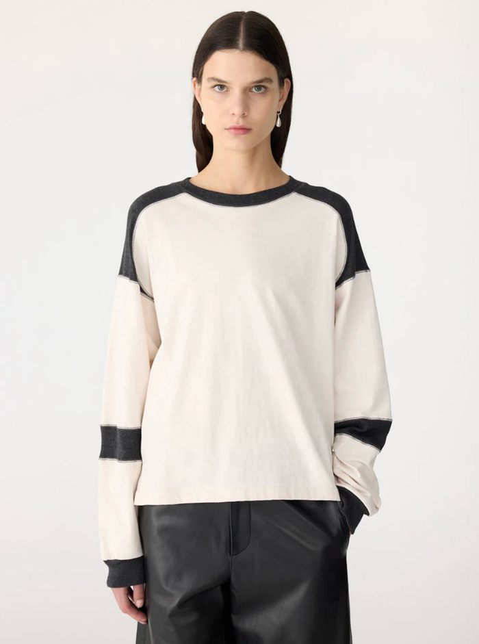 Bassike L/S Slouch Panelled T-Shirt - Ecru/Charcoal Marl