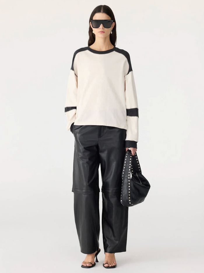 Bassike L/S Slouch Panelled T-Shirt - Ecru/Charcoal Marl