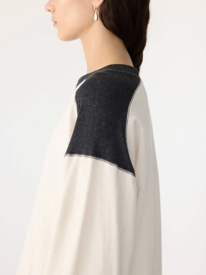 Bassike L/S Slouch Panelled T-Shirt - Ecru/Charcoal Marl