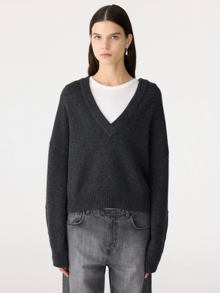 Bassike Sleeve Detail V Neck Knit - Dark Charcoal
