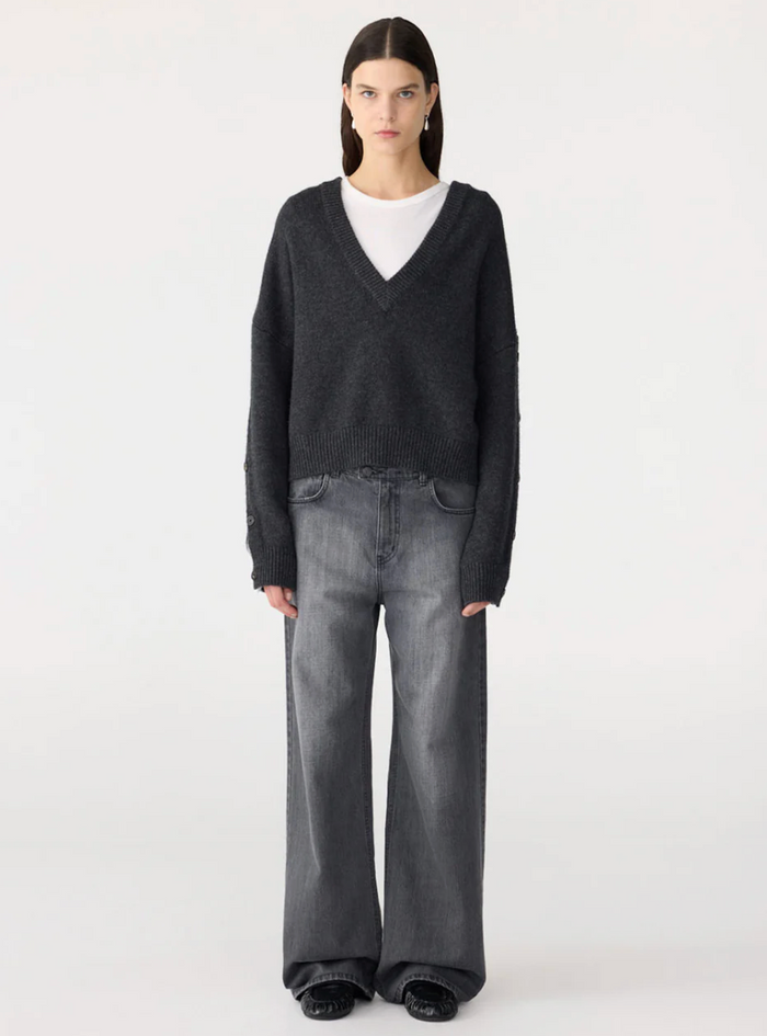 Bassike Sleeve Detail V Neck Knit - Dark Charcoal
