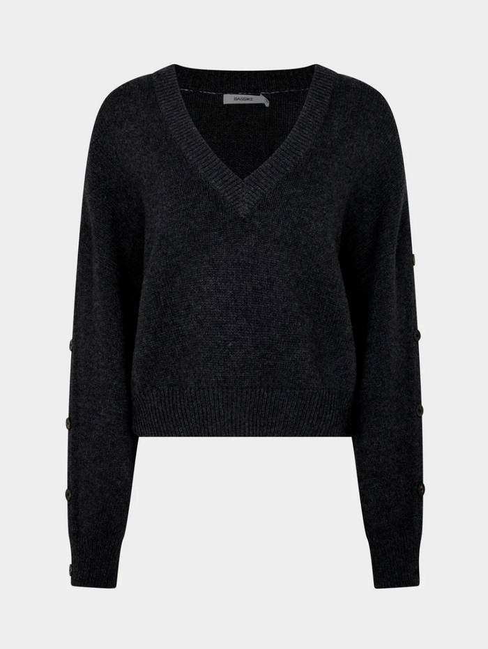 Bassike Sleeve Detail V Neck Knit - Dark Charcoal