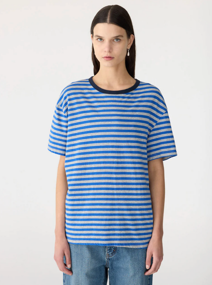 Bassike Stripe Boyfriend T-Shirt - Cobalt/Greymarl/Ink