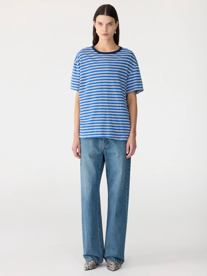 Bassike Stripe Boyfriend T-Shirt - Cobalt/Greymarl/Ink