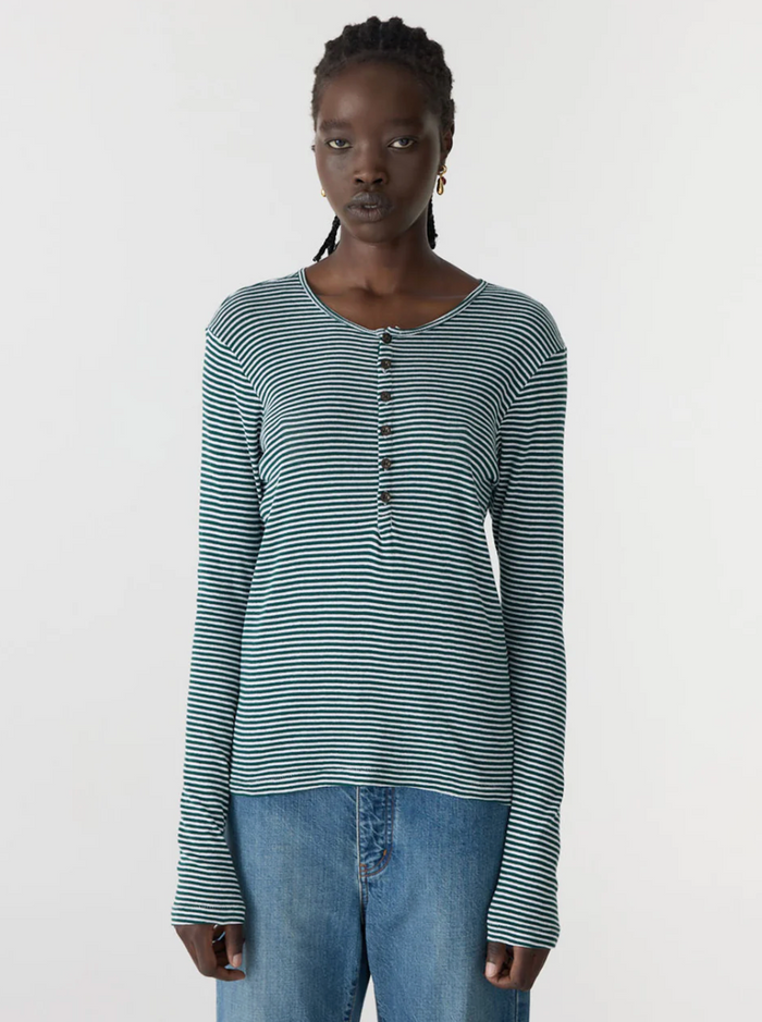 Bassike Stripe Placket L/S T-Shirt - Dark Forest/White