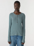 Bassike Stripe Placket L/S T-Shirt - Dark Forest/White