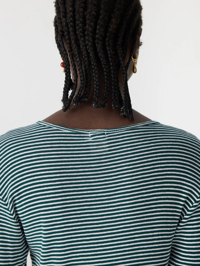 Bassike Stripe Placket L/S T-Shirt - Dark Forest/White