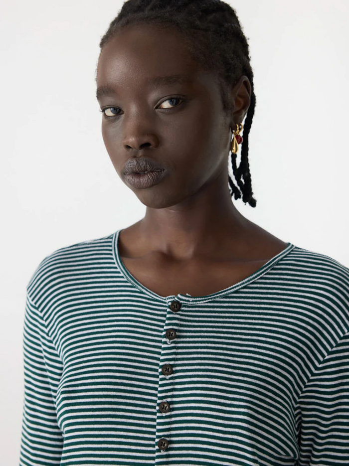 Bassike Stripe Placket L/S T-Shirt - Dark Forest/White