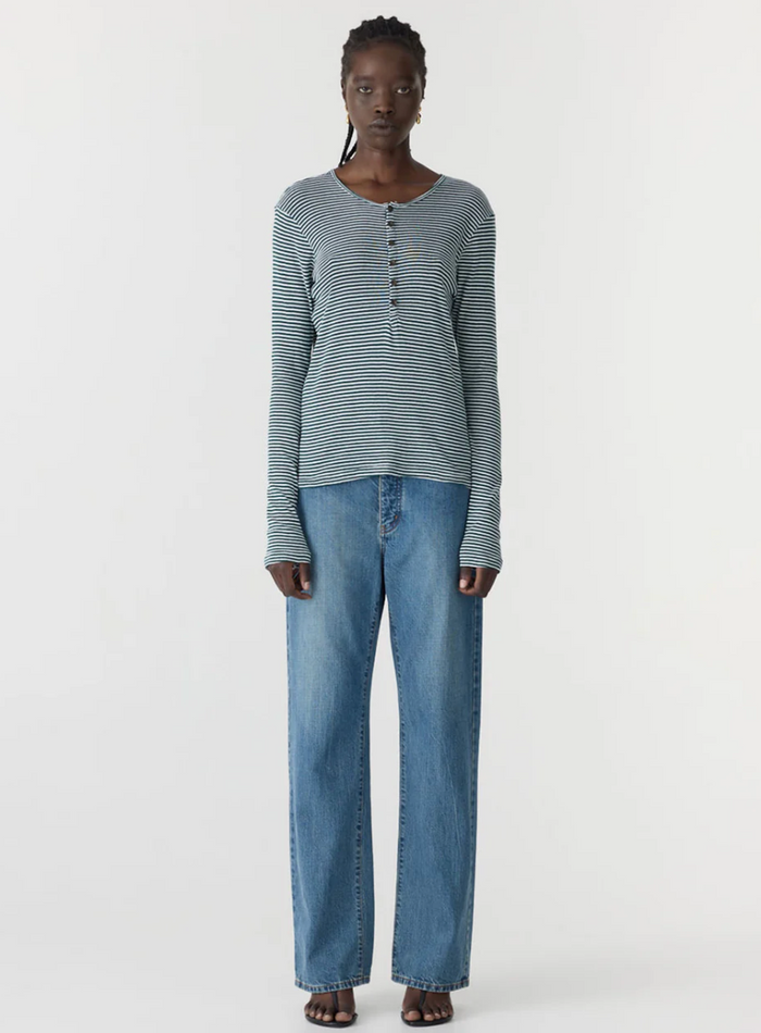Bassike Stripe Placket L/S T-Shirt - Dark Forest/White