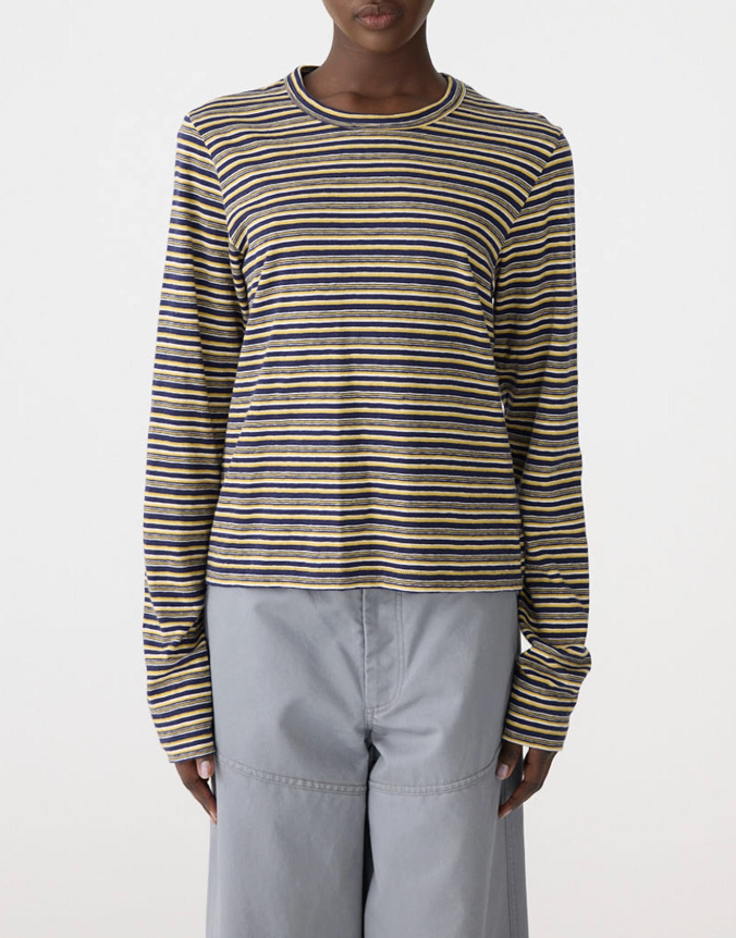 Bassike Stripe Slim L/S T-Shirt - Navy/Citrus/White